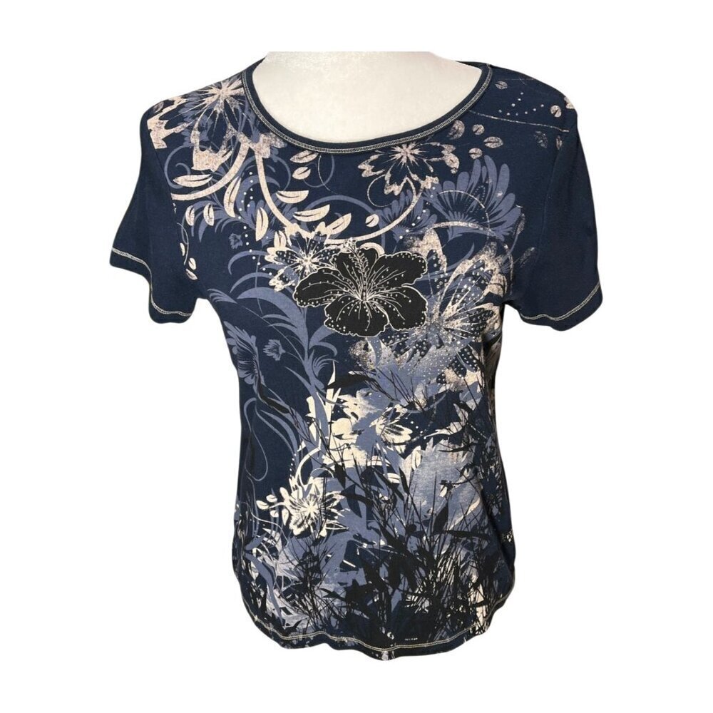 Christopher & Banks Embellished Floral Tee Midnight Blue Whimsigoth  Petite Med.